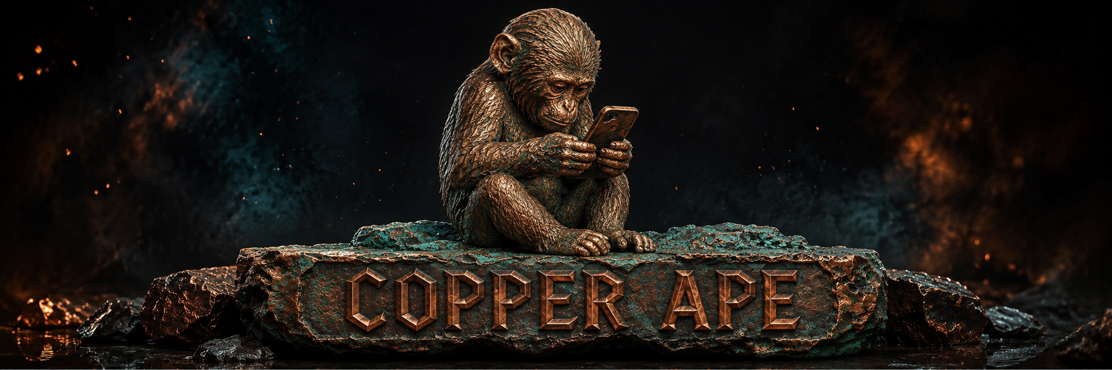 Copper Ape seated on a carved stone slab